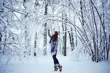 winter travel girl in forest