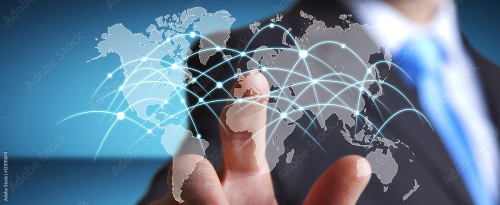 Poster businessman touching global network and data exchanges ‘3d ren