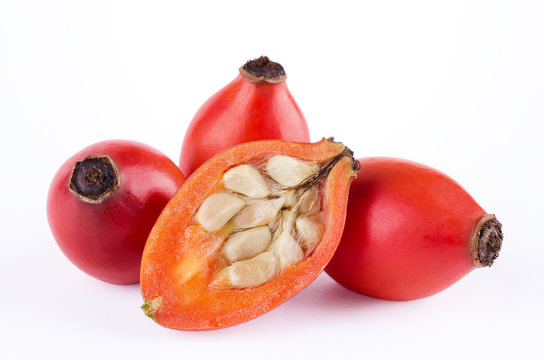 Rose hips with fruit cross-section over white. Rose haw or rose hep. Ripe red fruits, showing seeds with hairs. They can be used as itching powder. Shells are used for teas, jam and can be eaten raw.