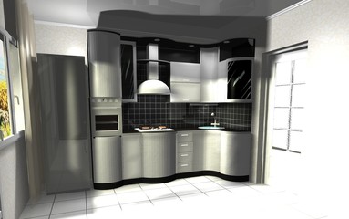 3D rendering interior design black kitchen