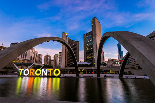 View of Toronto City Hall building during sunrise