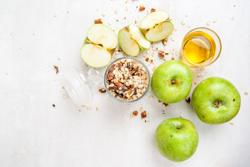 Selection of ingredients for cooking the traditional autumn apple crumble
