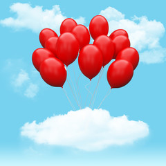 Fototapeta na wymiar Escape conceptual- red balloon holding cloud into the sky background