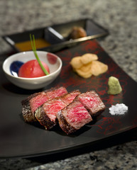 Delicious roasted Teppanyaki Japanese Yaeyama wagyu beef with wa