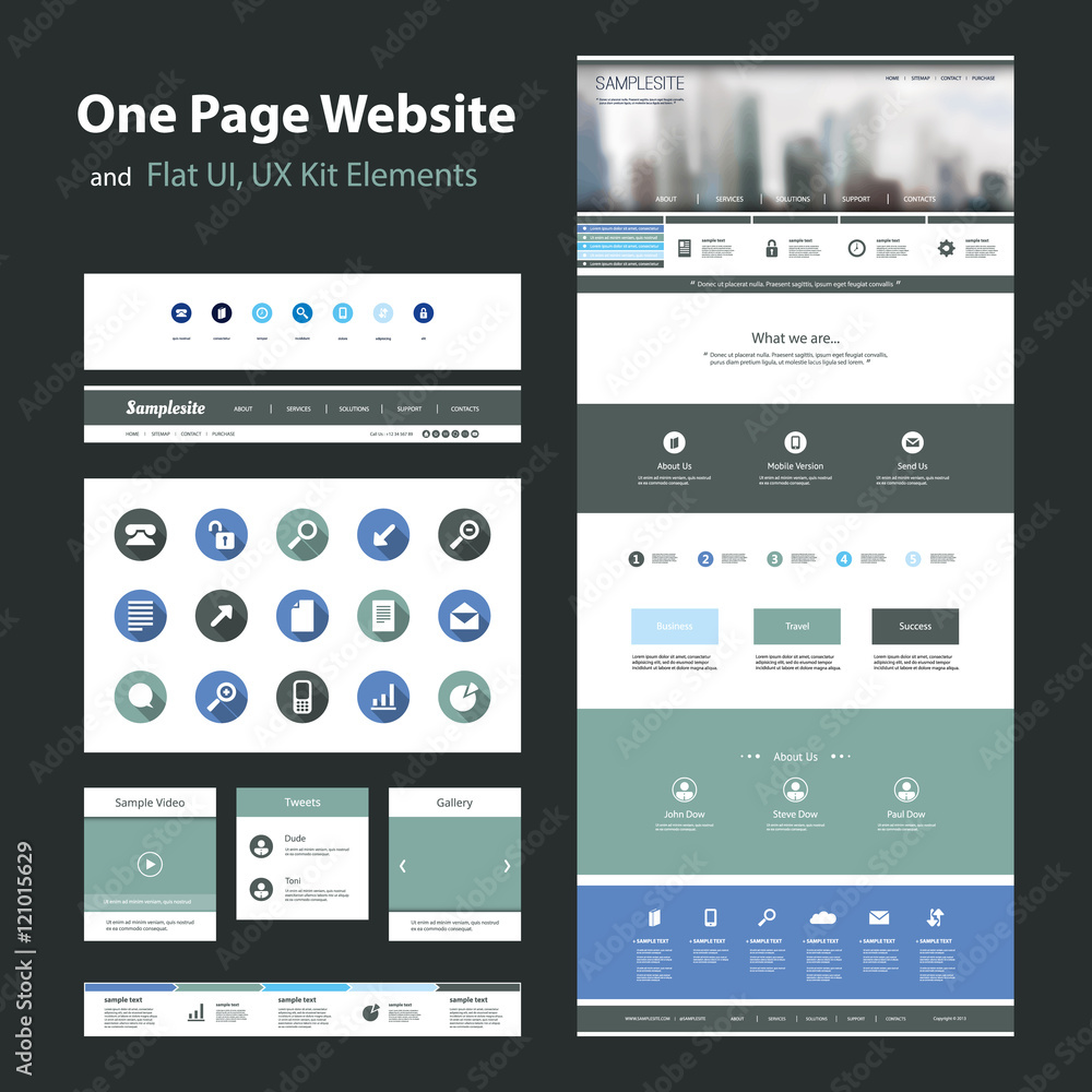 Aufkleber one page website design template and flat ui, ux elements