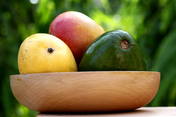 Fresh ripe mangoes and avocado in a wooden bowl - 121015686