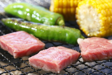 Grilling cubed pork meat with green chili and corn on hot charco