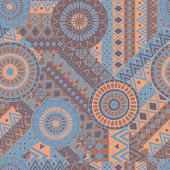 Seamless vector tribal texture. Vintage ethnic seamless backdrop. Tribal seamless texture.  Striped vintage boho fashion style pattern background with tribal shape elements.