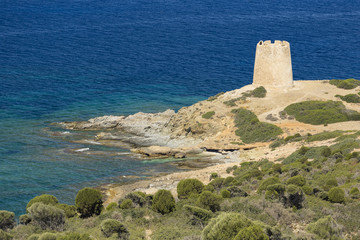 Fototapeta na wymiar Ancient lookout tower on the sea, Sardinia, Italy
