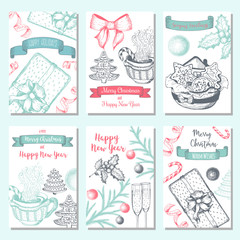 Christmas hand drawn card set. Vector illustration. Xmas banner collection. Linear graphic. Design template for New Year and Christmas.