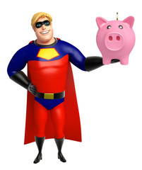 Superhero with piggy bank