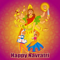 Obraz na płótnie Canvas People performing Dhunuchi dance and Garba for Happy Navratri in Indian art style