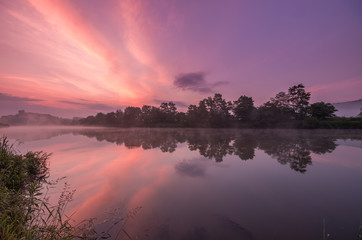 Colorful morning over Vistula river near Krakow, Poland