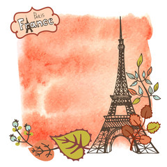 Autumn Paris.Eiffel tower,leaves,watercolor splash 