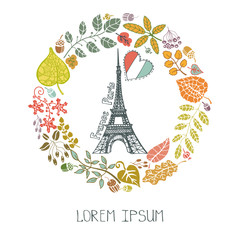 Fototapeta na wymiar Autumn in Paris.Leaves wreath and Eiffel tower