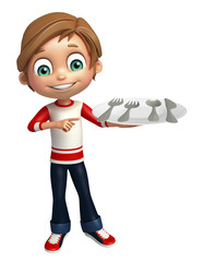 kid boy with  dinner plate & spoon