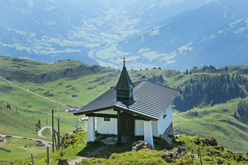 Little church on Kitzbuhel peak, Alps mountains, Austria