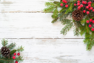 Fototapeta na wymiar Christmas decorations on white wooden table.