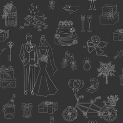 Wedding vector seamless background with hand drawn icons bride, groom, wedding cake, cupid, bicycle, bouquet, ring, arch, gift box, birdcage, champagne.