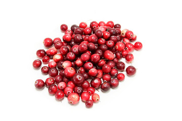 handful of freshly cranberries on a white background