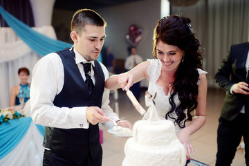 Beauty bride and handsome groom are cutting a wedding cake. Couple in the restaurant with colorful pie. Beautiful model girl in white dress. Man in suit. Female and male portrait. Cute lady and guy