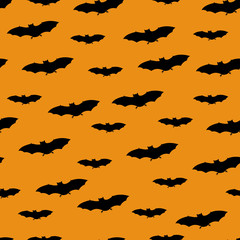 Seamless pattern with black bats on white background. Halloween design concept. Vector illustration