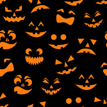 Seamless pattern with orange halloween pumpkins carved faces silhouettes on black background. Vector illustration