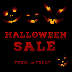 Design of the flyer with halloween sale inscription on black background. Template of poster with evil faces