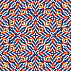 Bright seamless pattern with symmetric geometric ornament. Colorful abstract background. Ethnic and tribal motifs.