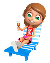 kid girl with  Beach chair and juice glass
