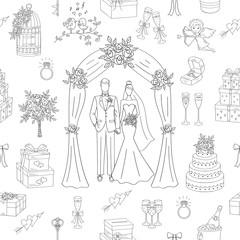 Wedding vector seamless background with hand drawn icons bride and groom under wedding arch, cupid, cake, bouquet, gift box, birdcage, engagement ring, champagne.