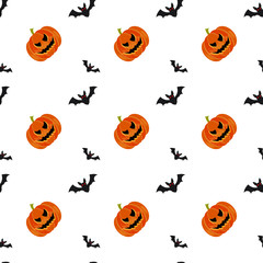 Halloween symbols pumpkin and bats seamless pattern on white background, trendy flat style illustration. Cute fun evil smiling october pumpkins, jack-o'-lantern sign