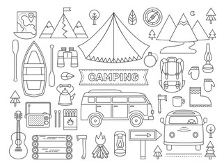 Line icons set of camping