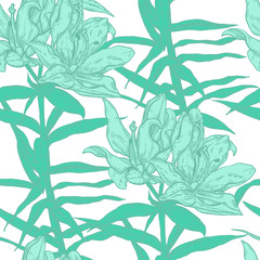 Seamless pattern with flowers mint color