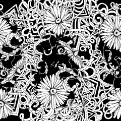 Seamless monochrome pattern with flowers and abstract motifs