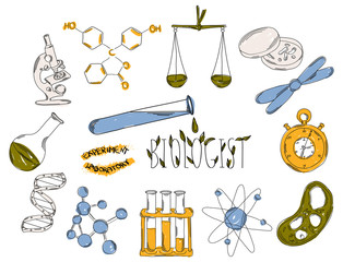 Colourful childrens illustration with a pencil. The collection of linear hand drawn icons. Icons tools of the biologist. Chemical laboratories are. Vector