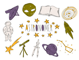 Colourful childrens illustration with a pencil. The collection of linear hand drawn icons. Icons tools of the astronomer. Vector