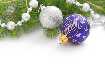 Christmas Holiday Background with Blue and Silver Baubles, Decorations, Balls and Garland. New Year Art Design