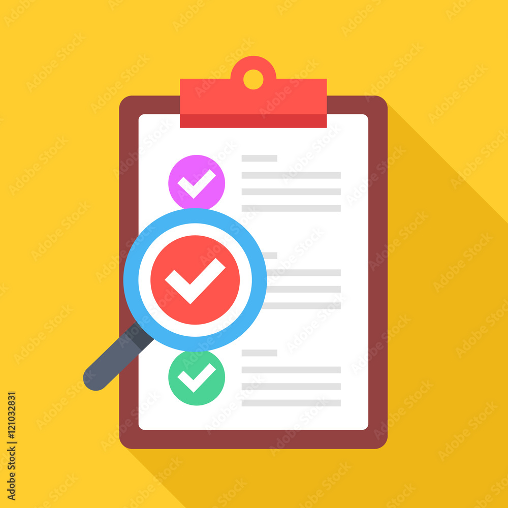 Aufkleber clipboard with colorful checkmarks and magnifying glass. modern flat design elements. vector illustr