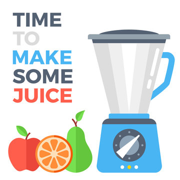 Time to make some juice concept. Food processor and fruits. Apple, orange and pear. Flat design vector illustration