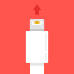 White lightning connector and arrow. Plug cable into smartphone or computer. Flat design vector illustration