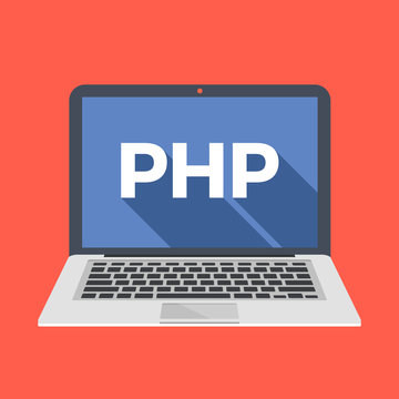 Laptop with PHP word on screen. Learn PHP and back-end web development, coding, programming concepts. Trendy long shadow flat design. Colorful creative graphic elements. Vector illustration
