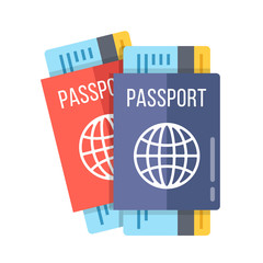 Two passports and boarding passes. 2 different red and blue passports with airline tickets inside isolated on white background. Modern premium quality flat design vector illustration