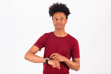 African American person wearing a smart watch, isolated on white