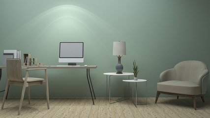 3d rendering nice vintage green working room with classic furniture