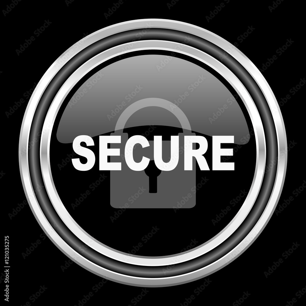 Poster secure silver chrome metallic round web icon on black background