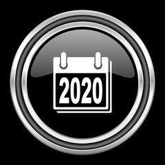 new year 2020 silver chrome metallic round web icon on black background