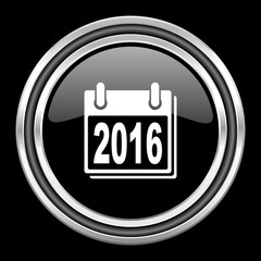 new year 2016 silver chrome metallic round web icon on black background
