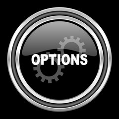 options silver chrome metallic round web icon on black background