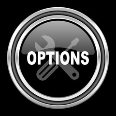 options silver chrome metallic round web icon on black background